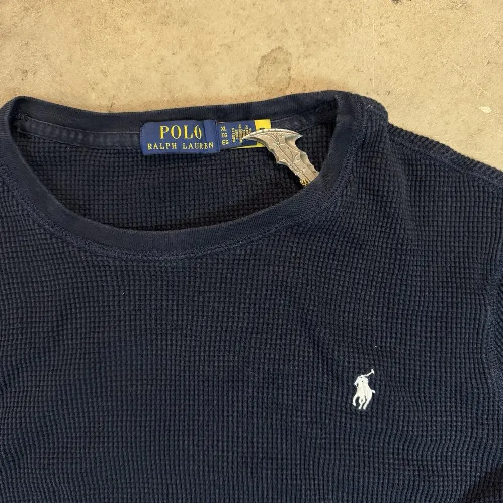 Polo Ralph Lauren Thermal Shirt Mens XL Slim Fit Navy Blue Waffle Knit